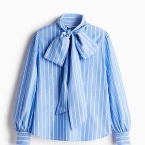 H&M Blue and White Striped Blouse with Bow